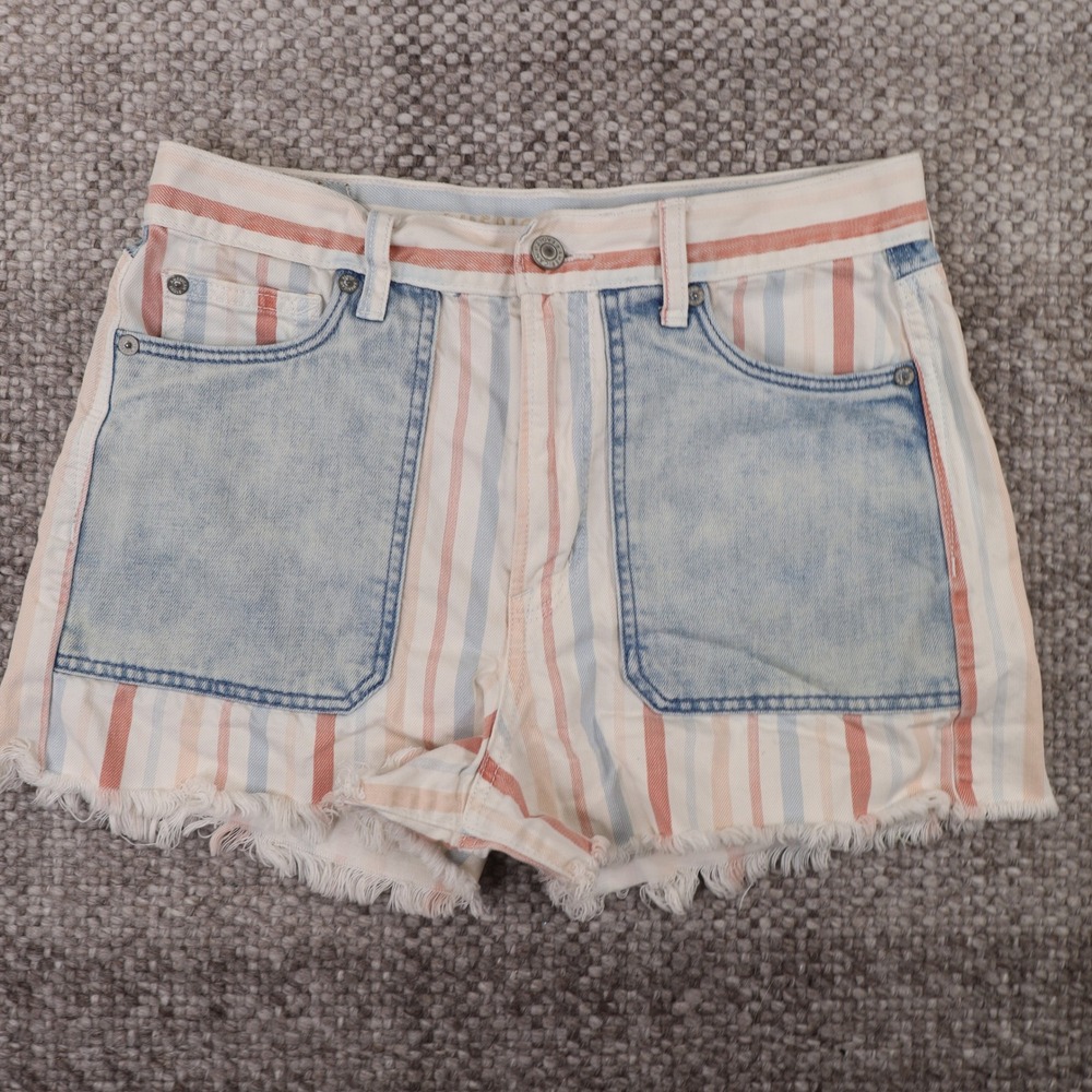 American Eagle Mom Short Womens 6 Multicolor Good Striped Denim Patch Pockets